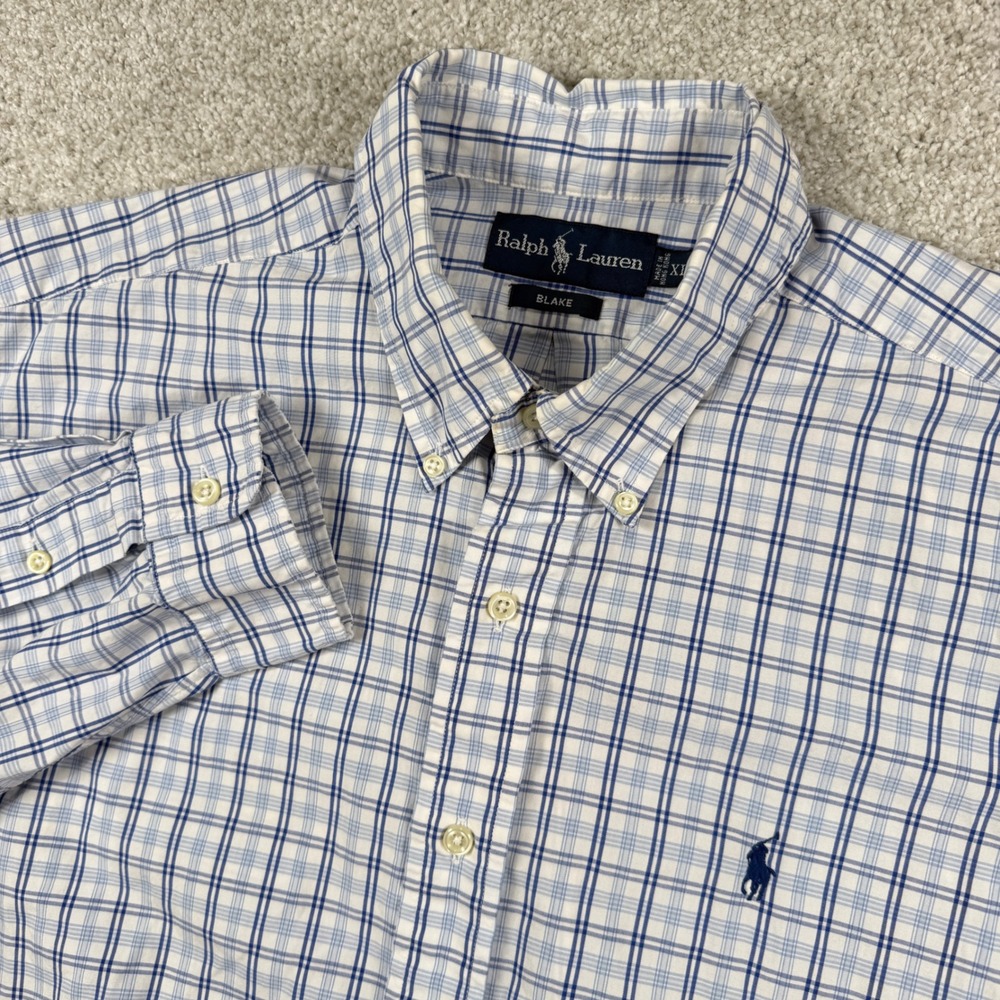 Ralph Lauren Button Down Men XL Blue White Plaid Blake Long Sleeve Shirt